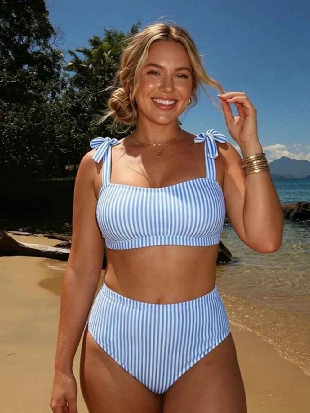 Women's 2-piece swimsuit set with tie-shoulder straps striped bikini high-wais